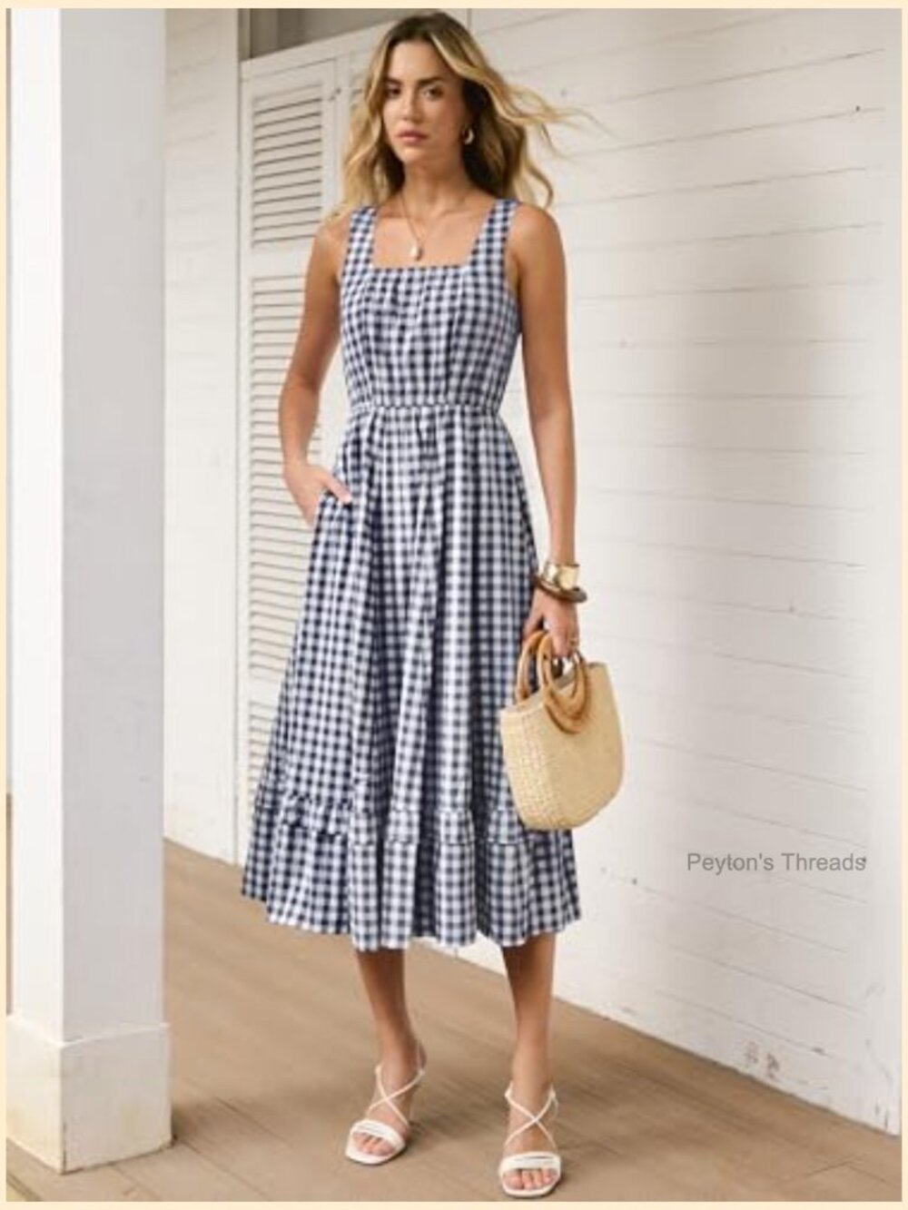 Womens Summer Casual Gingham Plaid Midi Dress Sleeveless Square Neck Flowy - Picture 2 of 7